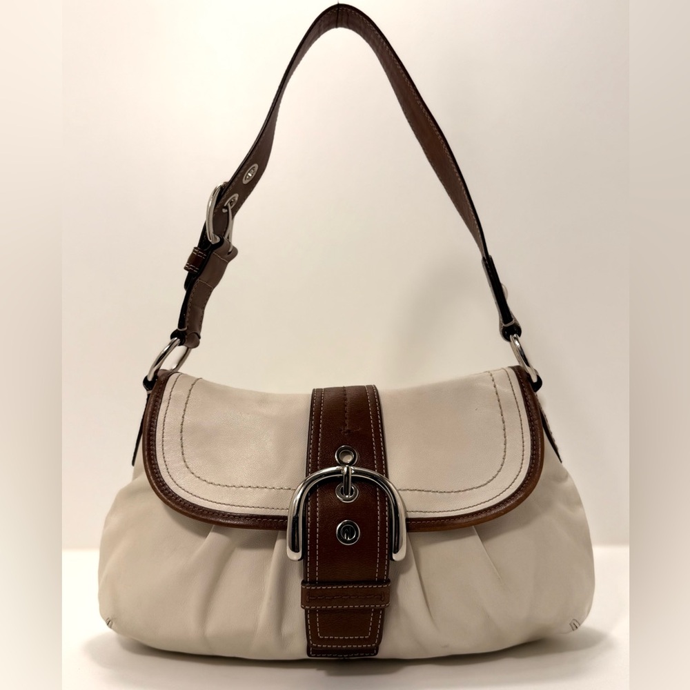 Coach Soho Pleated Flap Shoulder Bag F15204 Ivory Leather Brown Trim Buckle